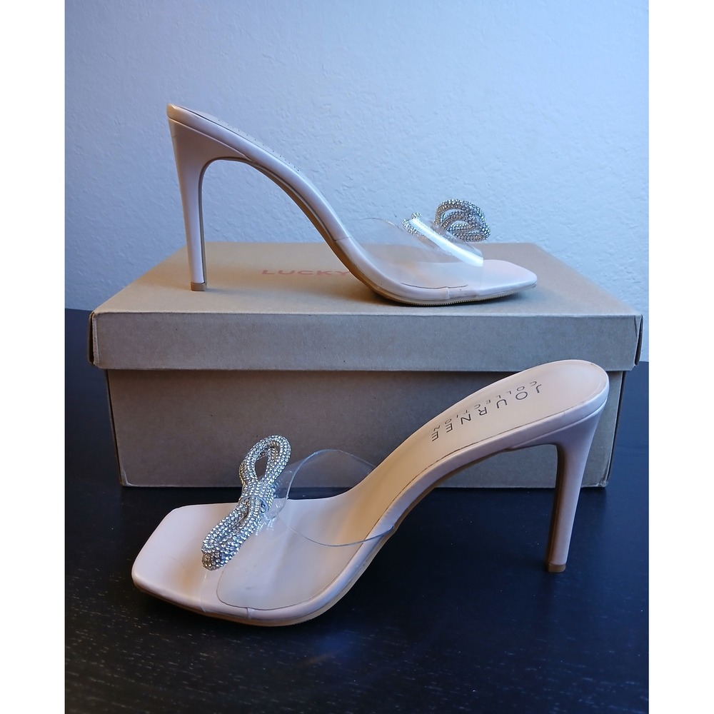 Journee Collection Minka Nude Clear Rhinestone Bow Square Toe Stiletto Mules 10